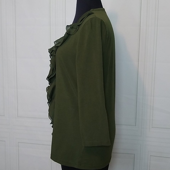 Jones New York Womens Medium Dark Green Ruffle Front Long Sleeve Tee T Shirt Top - Picture 3 of 9